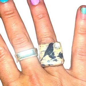 Black Crow & Bling Tile Silver Stretch Ring